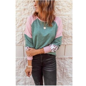 Green Round Neck Leopard Color -Block Long Sleeve Top